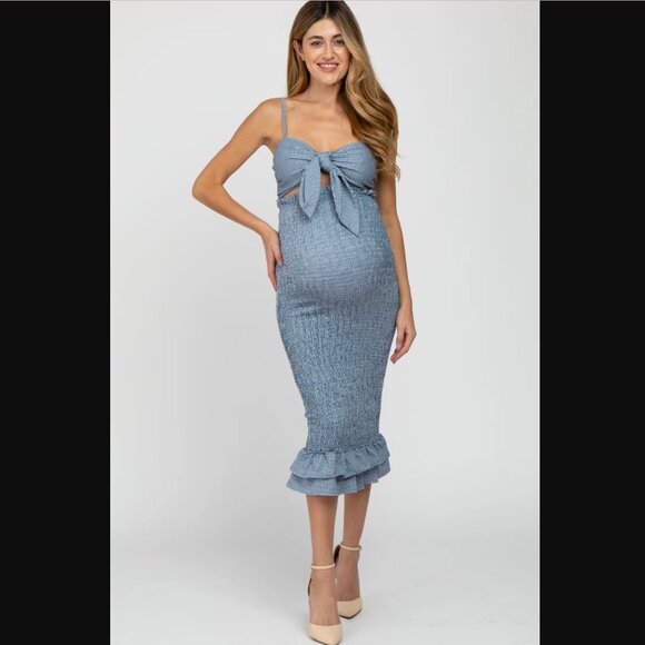 PinkBlush Blue Gingham Print Smocked Fitted Self-Tie Maternity Midi Dress - Picture 1 of 6